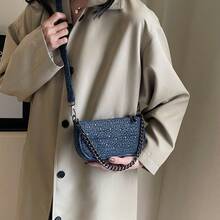 Classic Denim Crossbody Bag For Women, Ladies Shoulder Bag With Metal Decoration For Work & Commute, Casual Mom Bag With Card Holder Pocket - Dark Wash - View 6