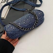 Classic Denim Crossbody Bag For Women, Ladies Shoulder Bag With Metal Decoration For Work & Commute, Casual Mom Bag With Card Holder Pocket - Dark Wash - View 9