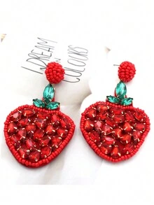 1pair Women's Polyester & Rhinestone Strawberry Dangle Earrings, All Seasons Suit - Red - View 3