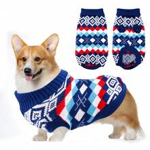 狗毛衣针织衫，蓝白格子保暖狗套头衫针织衫狗套头衫冬季狗外套宠物针织套头衫毛衣可洗狗针织毛衣适合中型犬 - 藍白色 - 查看 3