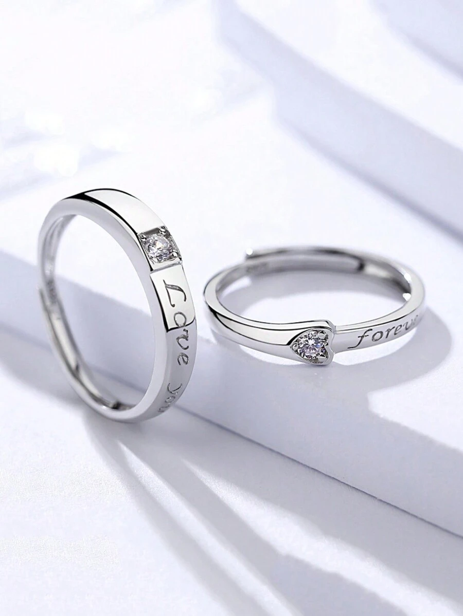 1 对 S925 纯银和锆石情侣戒指，适合日常佩戴，也可作为情侣的情人节礼物 - 簡約款 - 查看 1