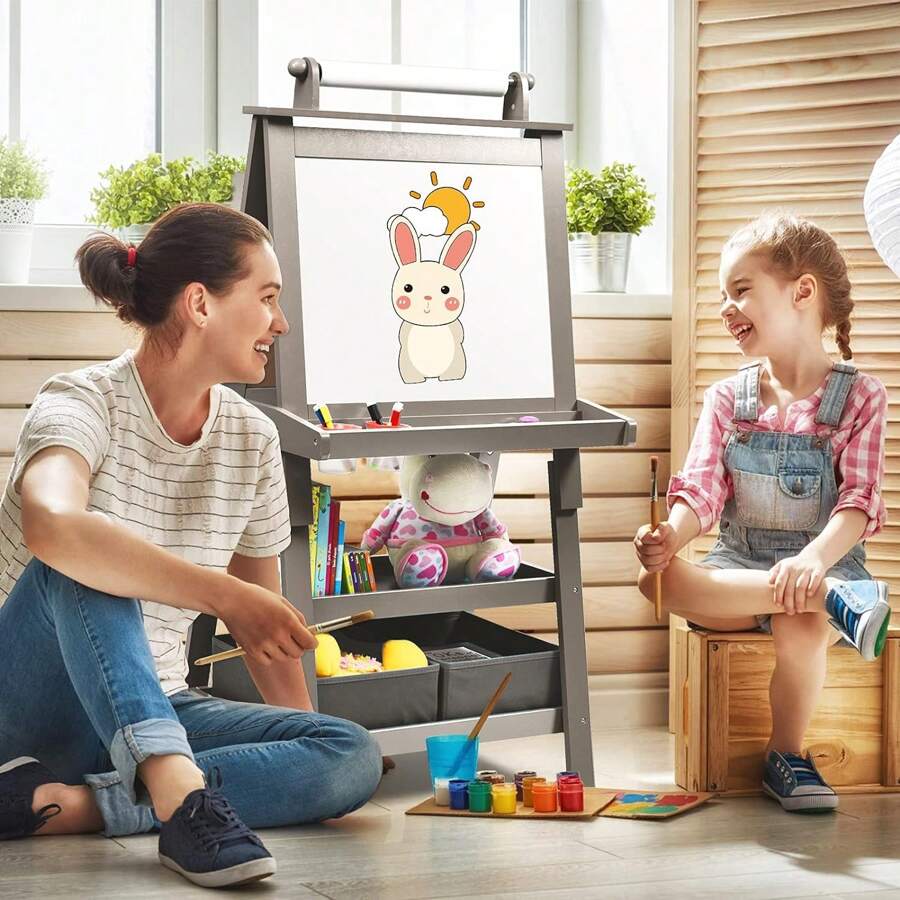 3 In 1 Standing Board, Magnetic Whiteboard & Chalkboard, Double-Sided Easel With Storage Box, Drawing Board, Writing Board, Children's Board Including Drawing Paper And Magnets, Suitable As A Christmas Gift For Children - Grey - View 1