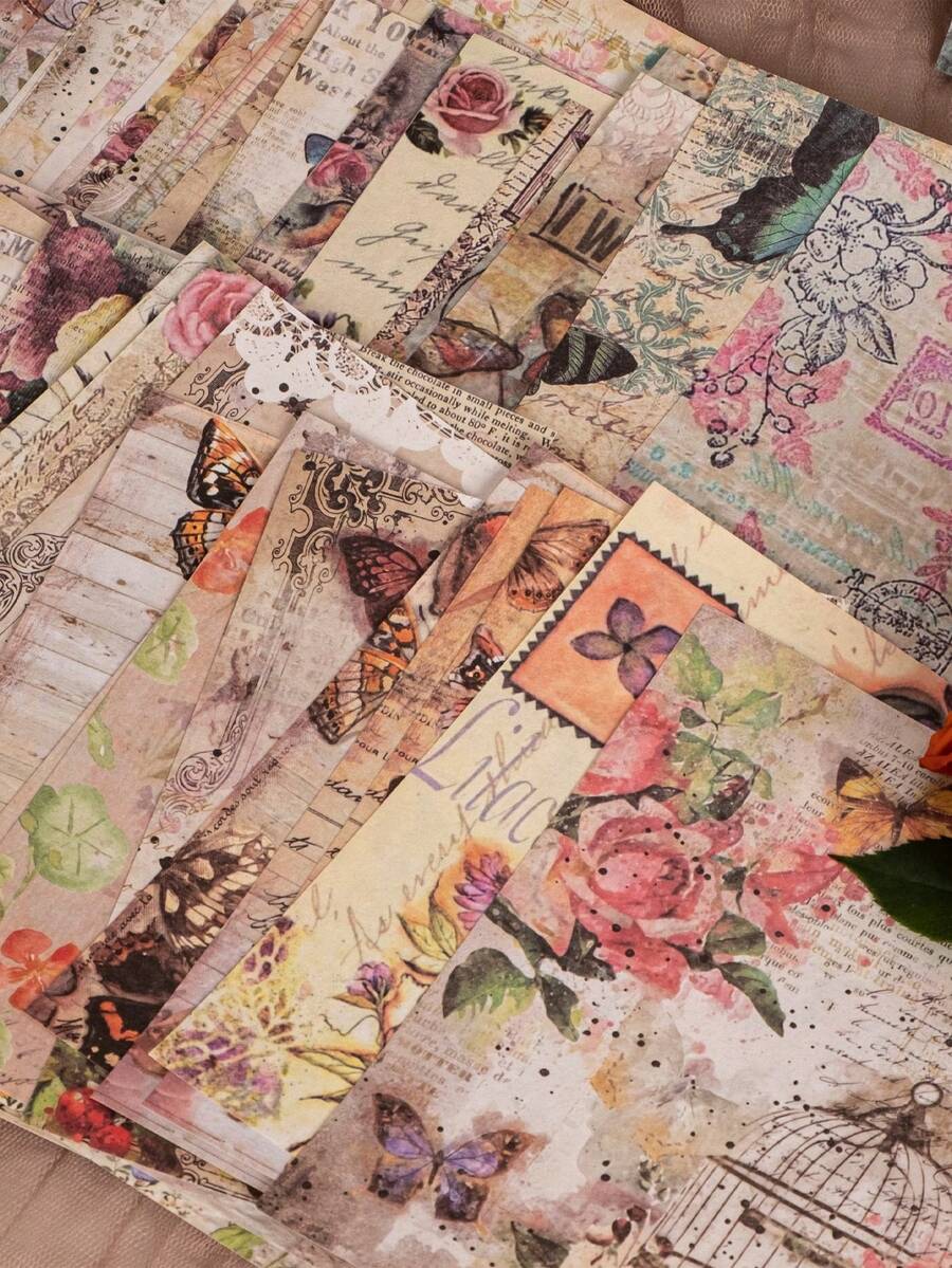 100張復古花卉圖案設計紙 - 彩色 - 查看 1