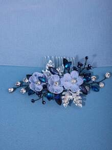 1件女士银色花仙子蓝色花朵发梳，优雅手工网纱裙配饰，新娘婚礼派对发饰情人节配饰 - 藍色 - 查看 4