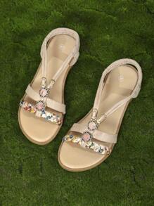 波西米亞風格青少年休閒平底涼鞋,時尚涼鞋,沙灘鞋 - 米色 - 查看 1