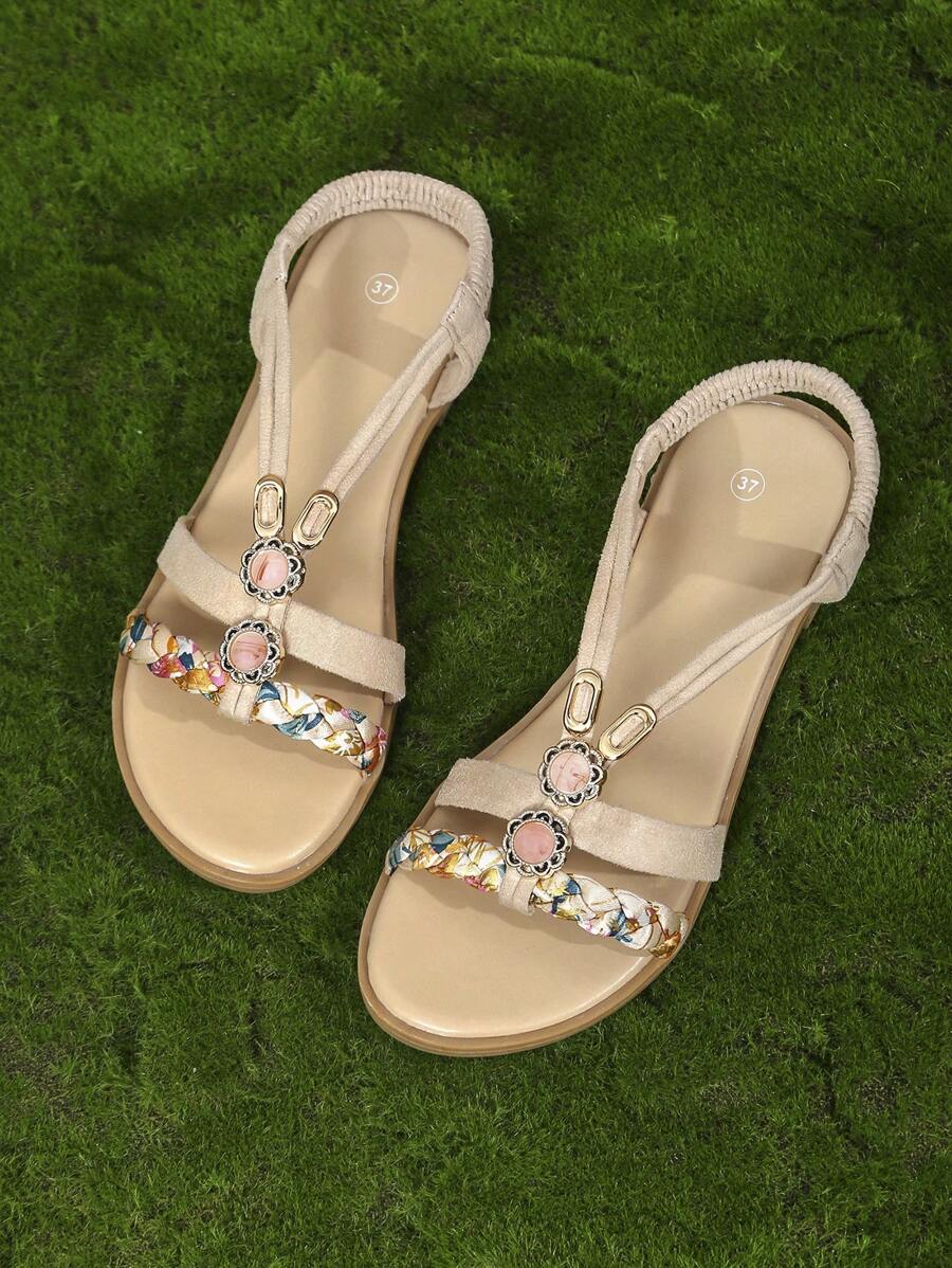 波西米亞風格青少年休閒平底涼鞋,時尚涼鞋,沙灘鞋 - 米色 - 查看 1