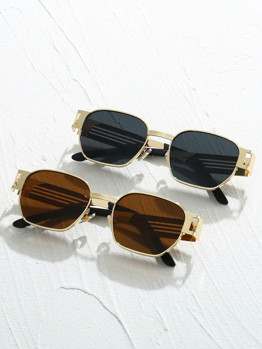 1 件男女通用方形框架奢华时尚眼镜，带镂空镜腿，经典款式，大胆设计，是日常佩戴、派对、驾驶和户外活动的必备美学配饰 - 金色 - 查看 1