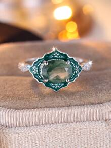 1 Bague De Goutte D'huile Vintage En Agate De Mousse Verte Ovale Élégante En Argent Sterling, Cadeau Idéal Pour Fiançailles, Mariage, Anniversaire Pour Femmes