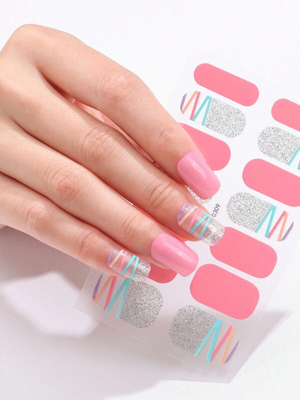 ملصق أظافر كامل باللون المخطط الملون المتلألئ 1 ورقة / 14 قطعة مع مبرد أظافر 1 قطعة، ملصقات الأظافر DIY لصقات اظافر ملصقات اظافر ستيكر اظافر