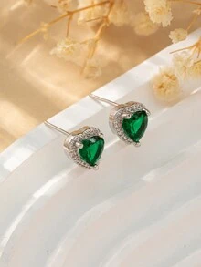1對時尚銅製耳環,微鑲桃心綠鑽石,優雅女士晚宴禮物 - 銀色 - 查看 2
