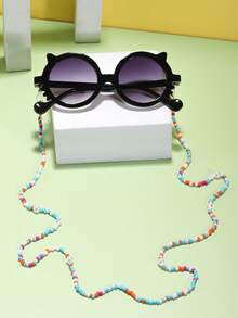 1入3-8歲男女童用丙烯酸材質可愛貓圓框時尚眼鏡,另附1條彩色眼鏡鏈 - 黑色 - 查看 1