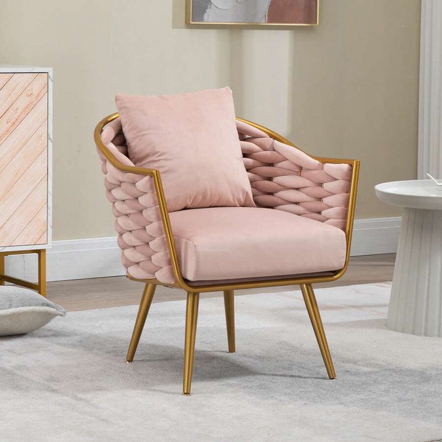 HOMEFUN Velvet Accent Chair Modern Upholstered Armchair Tufted Chair With Metal Frame, Single Leisure Chairs For Living Room Bedroom Office Balcony - 粉色 - 查看 1