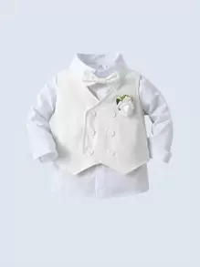 BOARNSEORL 3 件套年轻男孩绅士西装套装：长袖衬衫、背心和裤子，时尚有型，适合生日派对、晚宴、婚礼、花童装 - 白色 - 查看 2