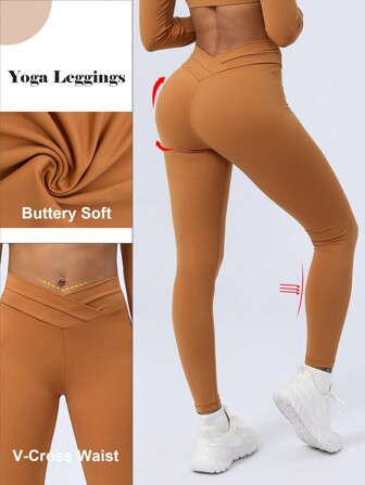 1pc Women's Yoga Running Workout Leggings With Cross Waist Design And Butt Lifting Effect Colanti