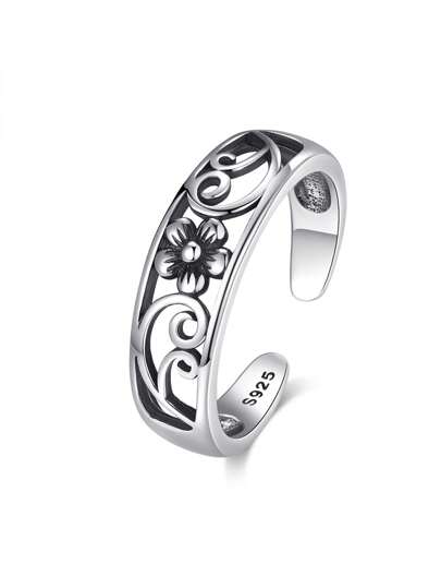 1pc Vintage Sterling Silver Hollow Out Plum Blossom Shaped Adjustable Toe Ring For Women, Summer Dating Gift