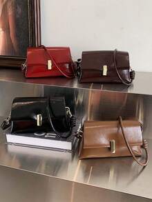 圣诞礼物红色油蜡皮小方形手提包，女士时尚复古通勤单肩斜挎包秋冬 - 咖啡棕 - 查看 2