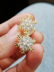 Cubic Snow Flower Double Side Pearl Stud Earring - Gold - View 4