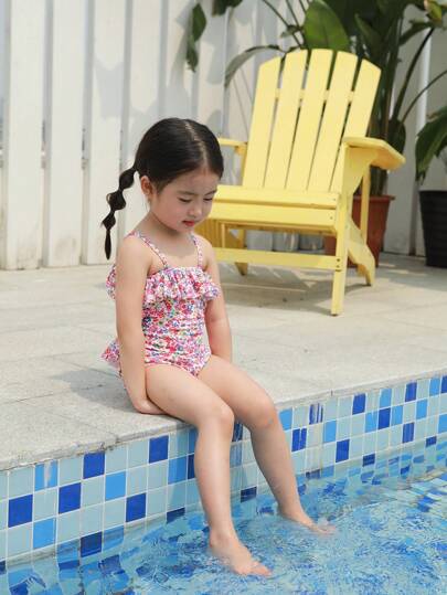 1 pezzo Costume da bagno a canotta con stampa floreale rosa per ragazze giovani con schiena aperta per spa estiva / invernale