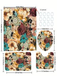 4pcs/Set Floral Pattern Printed Shower Curtain And Bathroom Rugs With 12 Hooks, Non-Slip Bath Mat For Chair, Water Resistant Window Curtain, Home Decor Bathroom Accessories - Multicolor - View 2