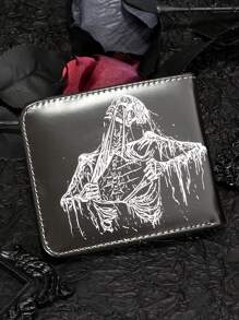1pc Black PU Skull Design Wallet With Two Folded Zipper PUnk Style Pirate Goth Wallet Halloween For Men Wallet Purse Wallet Men Wallet Leather - Black - View 3