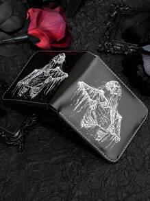 1pc Black PU Skull Design Wallet With Two Folded Zipper PUnk Style Pirate Goth Wallet Halloween For Men Wallet Purse Wallet Men Wallet Leather - Black - View 9