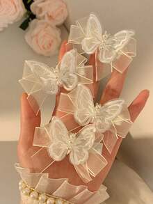 2pcs Children's White Mesh Ribbon Bow Hair Clip, Girls' Small Mori Style Fairy Bow Side Braid Snap Hair Clip, Best Gift - Multicolor - View 4