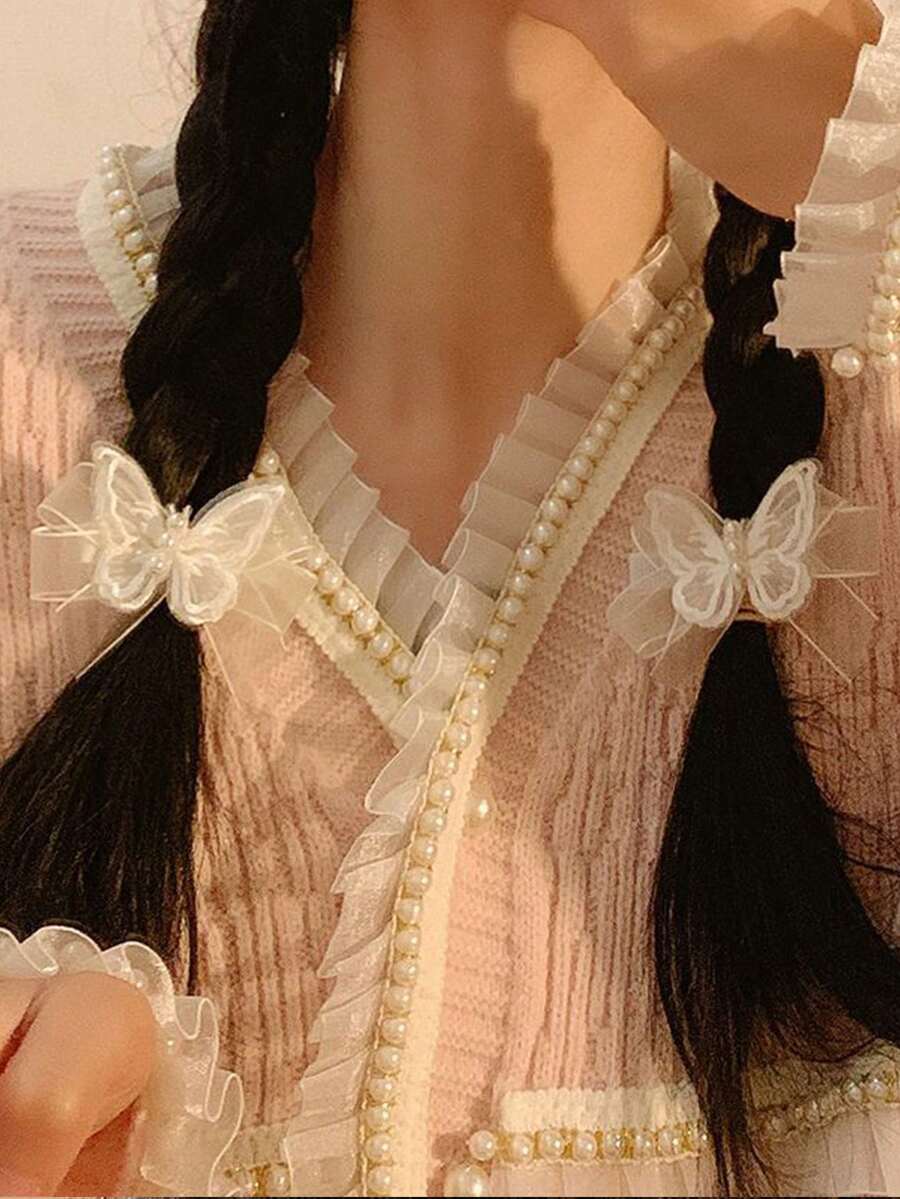 2pcs Children's White Mesh Ribbon Bow Hair Clip, Girls' Small Mori Style Fairy Bow Side Braid Snap Hair Clip, Best Gift - Multicolor - View 1