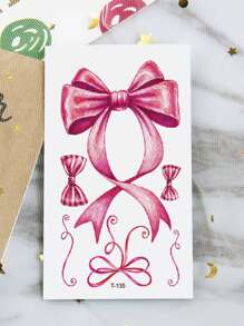 1張小尺寸男女臨時紋身貼紙,甜美可愛的粉色蝴蝶結結紋圖案,防水假紋身,可持續2-5天,可以覆蓋傷疤,在手臂、手腕、肩膀、腿、腰、頸、手、胸、大腿、手指上使用,情侶情人節禮物 - 粉色 - 查看 7