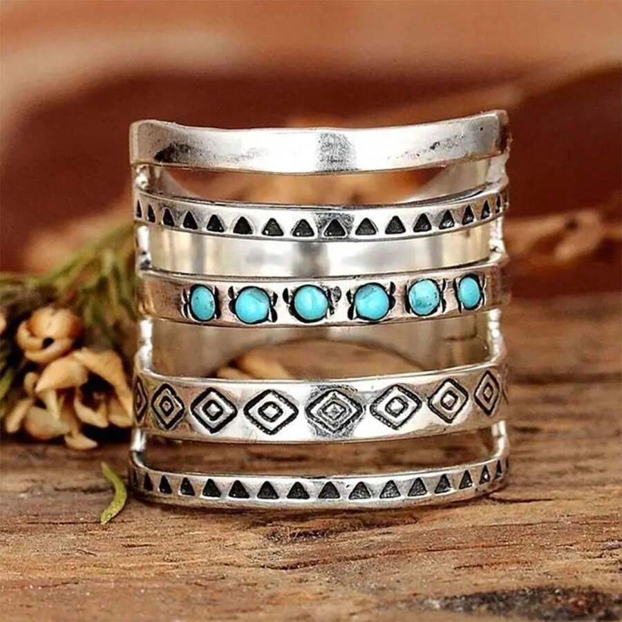 1pc Fashionable Creative Minimalist Hollow Out Bohemian Style Ring With Unique Design Suitable For Women's Daily Wear - Antique Silver - View 1