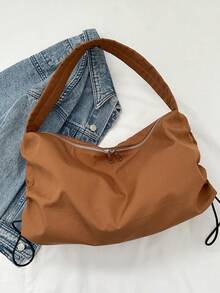 休闲纯色大容量简约女士单肩托特包时尚牛津布流行包 - 棕色 - 查看 7