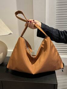 休闲纯色大容量简约女士单肩托特包时尚牛津布流行包 - 棕色 - 查看 2