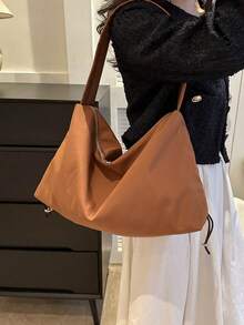 休闲纯色大容量简约女士单肩托特包时尚牛津布流行包 - 棕色 - 查看 4