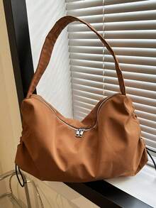 休闲纯色大容量简约女士单肩托特包时尚牛津布流行包 - 棕色 - 查看 5