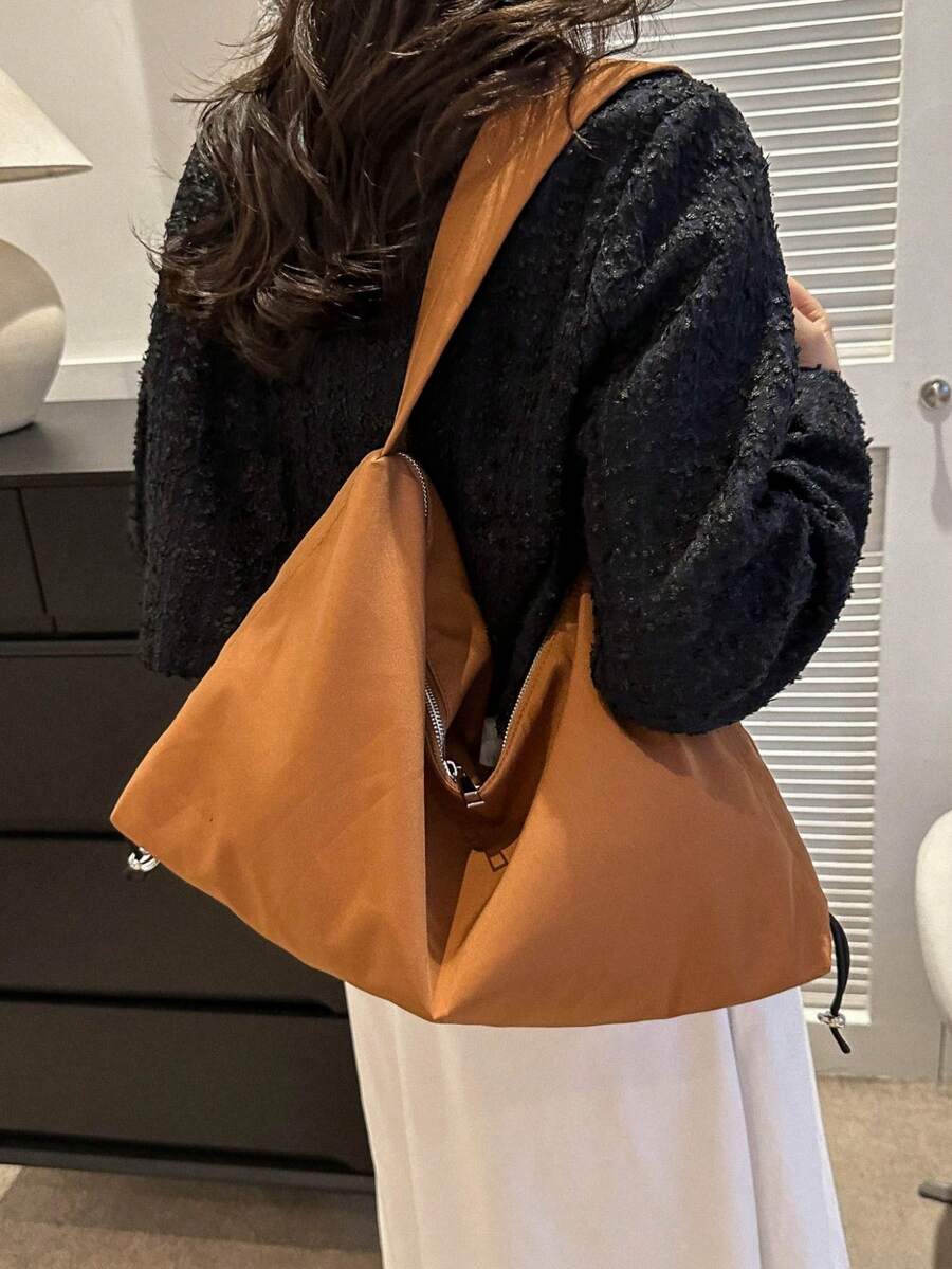 休闲纯色大容量简约女士单肩托特包时尚牛津布流行包 - 棕色 - 查看 1