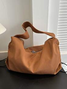 休闲纯色大容量简约女士单肩托特包时尚牛津布流行包 - 棕色 - 查看 6