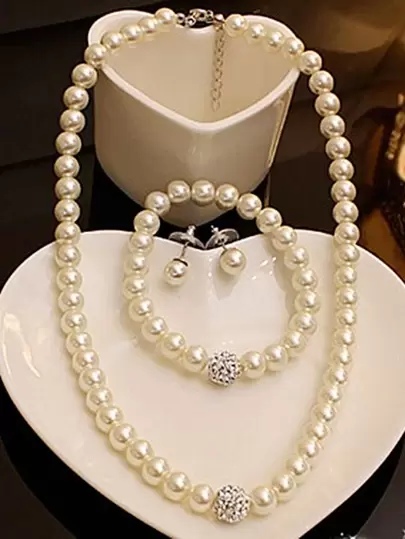European And American Style Jewelry Set Of Faux Pearl & Crystal Decorated Necklace, Bracelet And Earrings For Bride Valentine's Day Valentines