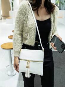 Pure Black Pu Zipper Design Elegant Crossbody Bag With Double Tassel Decoration Suitable For Shopping And Street Outfits - White - View 2