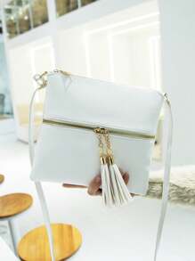 Pure Black Pu Zipper Design Elegant Crossbody Bag With Double Tassel Decoration Suitable For Shopping And Street Outfits - White - View 1