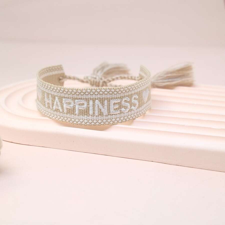 1 件復古刺繡字母創意手工針織彈性手鍊帶祝福,適合派對、旅行和日常佩戴 - 卡其色 - 查看 1