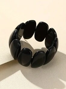 1 件裝樹脂串珠鏈手鍊女式女孩彈性彩色圓形手鐲幾何彈性首飾禮物 - 黑色 - 查看 1