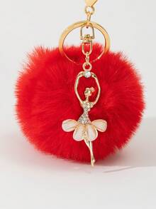 1個可愛的鑲嵌水晶天使芭蕾女孩毛球鑰匙扣,適用於戶外使用 - 紅色 - 查看 3