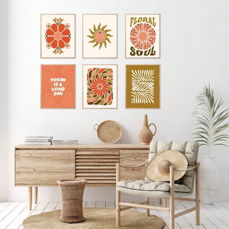 Ensemble De 6 Pièces Peinture De Toile D'art Floral De Vague Rétro Imprimé De Fleurs Des Années 60s 70s Boho Pour La Décoration Murale De La Chambre À Coucher Et La Décoration De La Salle - multicolore - Voir 2