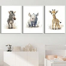 3入組畫布海報,現代藝術,可愛的大象、獅子、長頸鹿、老虎、斑馬,兒童房壁畫,畫布繪畫,動物海報,理想的臥室禮物,裝飾牆壁藝術,秋季裝飾,房間裝飾,不含相框 - 彩色 - 查看 2