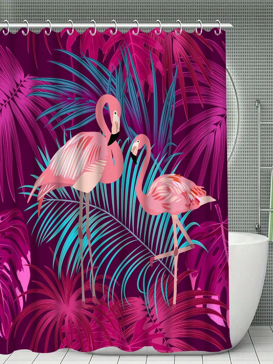 1入創意火烈鳥印花淋浴簾勾,淋浴間分隔簾,浴室配件,浴室裝飾,防水淋浴簾 - 彩色 - 查看 1