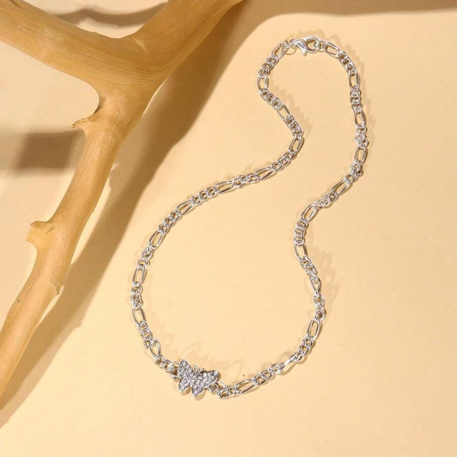 1pc Fashionable Women's Short Necklace With Heart, Butterfly & Rhinestone Decor Chain - Silver - View 1