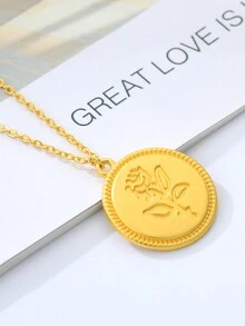 1 件歐式簡約雕刻玫瑰圓形吊墜項鍊女式復古鎖骨鏈項鍊情人節禮物時尚首飾 - 金黃色 - 查看 4