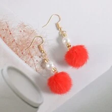 1pair Pearl & Furry Ball Design Cute & Sweet Earrings, Perfect Valentine's Gift For Female Friends - Hairball - View 6
