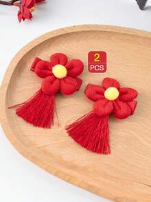 2入組兒童髮飾紅色花朵流蘇邊鱷魚夹 - 彩色 - 查看 4