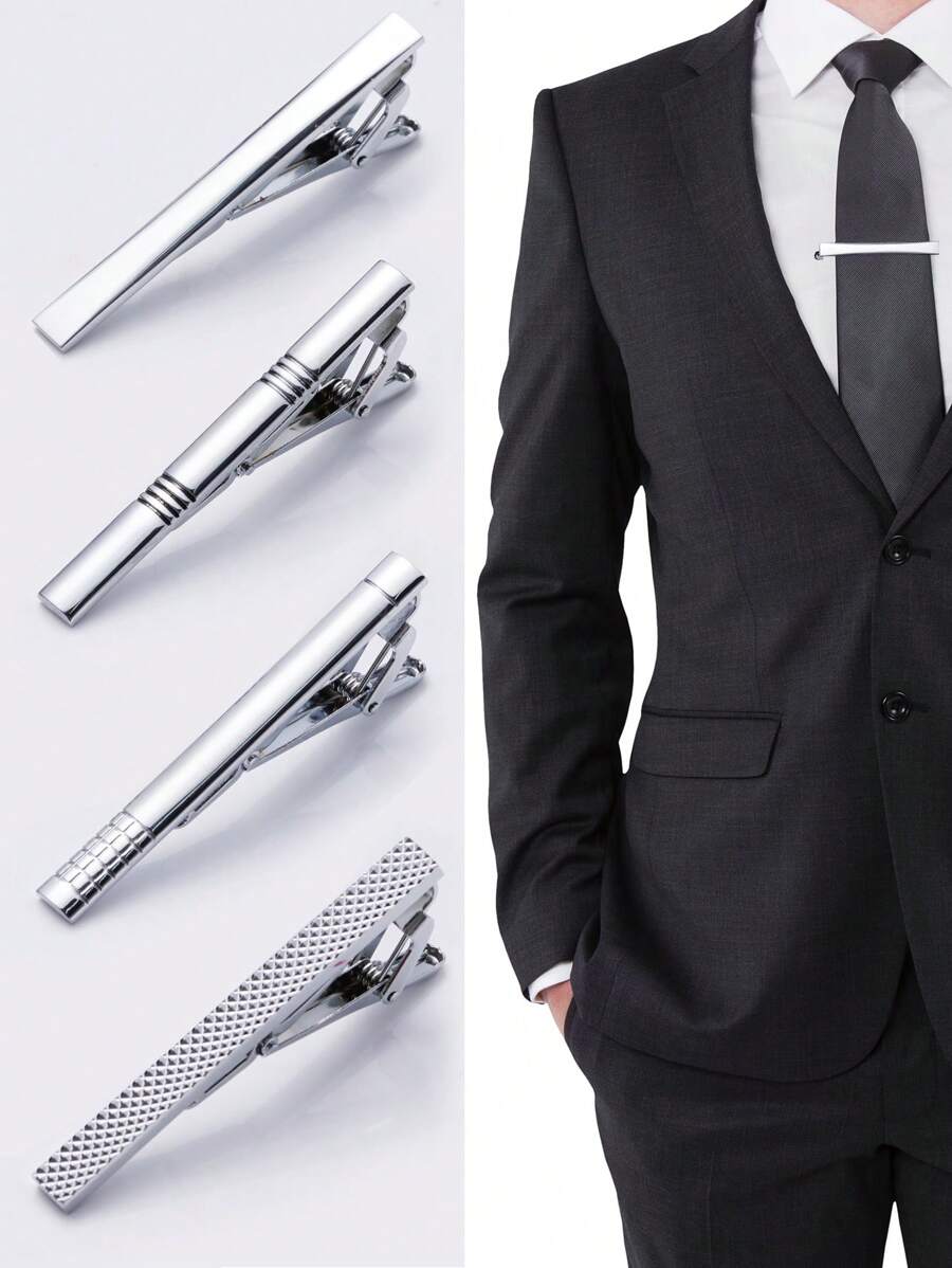 4pcs/Set Fashionable Men's Business Style Silver Patterned Tie Clip, Suitable For Work, Banquets, Performances And As A Gift - Silver - View 1