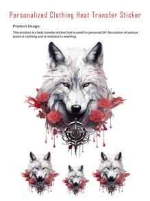1pc Animal Design Flower Embellished Grey Wolf Head With 1 Big And 3 Small Pictures For Diy T-Shirt Heat Transfer Sticker - color - View 1
